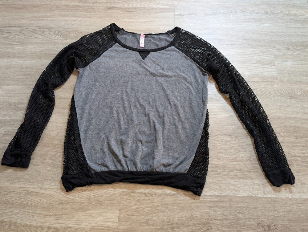 Retro Doll Womens Medium Y2K Heather Gray Black Mesh Raglan Long Sleeve Top